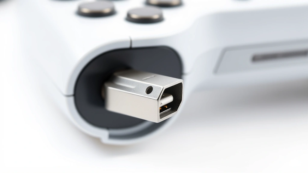 how to connect controller to azahar emulator -
Photorealistic close-up macro shot of USB controller cable connector and gaming