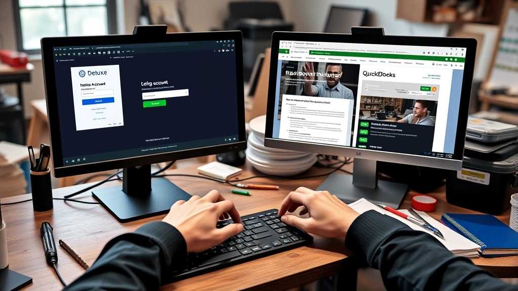 how to connect deluxe with quickbooks -
Photorealistic hands working at a desk with two monitors open side-by-side, one