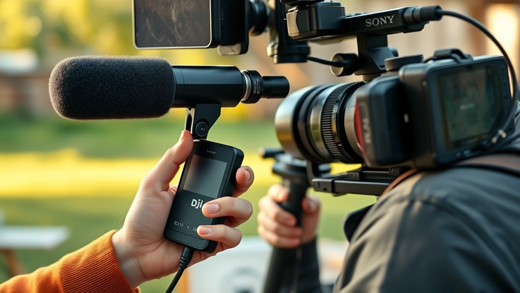 how to connect dji mic to sony zv e10 -
Photorealistic hands holding DJI Mic transmitter near mouth while recording wit