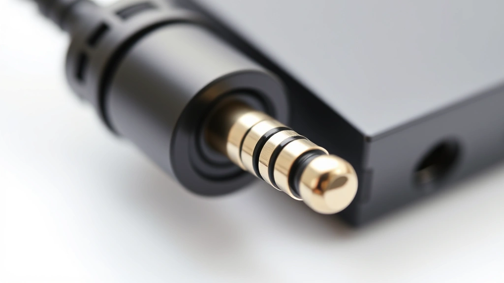 how to connect dji mic to sony zv e10 -
Photorealistic close-up macro shot of 3.5mm audio connector cable inserted into