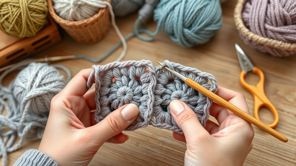 how to connect granny squares -
photorealistic hands working on connecting two granny squares using whip stitch