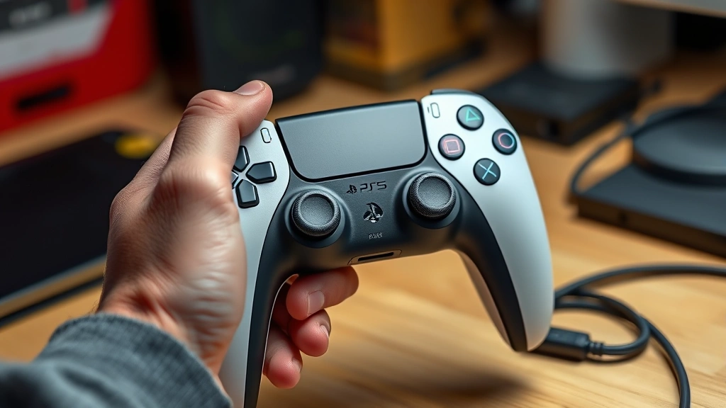 how to connect ps5 controller to ps5 -
Photorealistic hands holding a PS5 DualSense controller with fingers pressing t