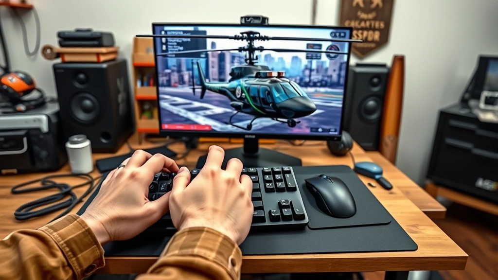 how to control the spotlight on the police helicopter lspdfr -
Photorealistic hands on a gaming keyboard and mouse controlling a GTA V police 