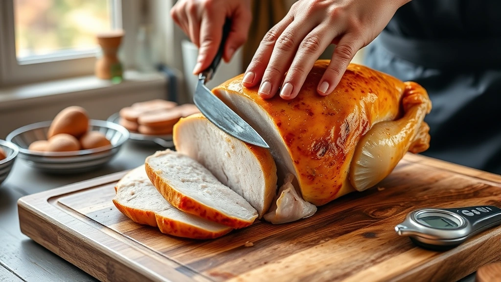 how to cook a boneless turkey breast -
Photorealistic hands using sharp carving knife to slice golden-brown turkey bre