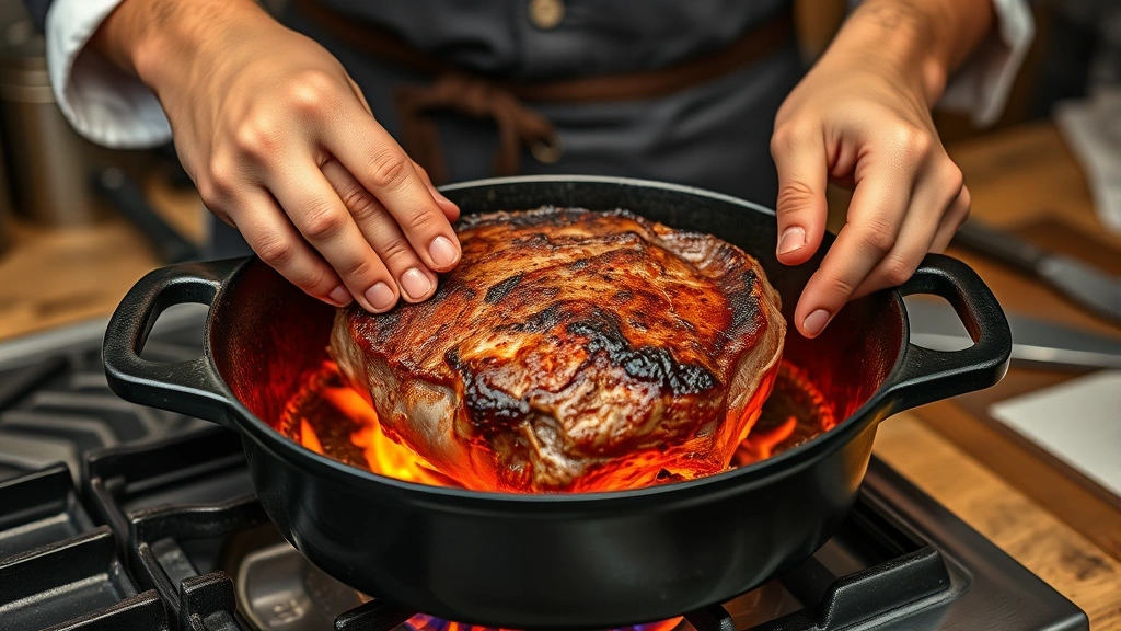 how to cook a chuck roast in the oven -
photorealistic hands searing chuck roast in cast iron Dutch oven over stovetop 