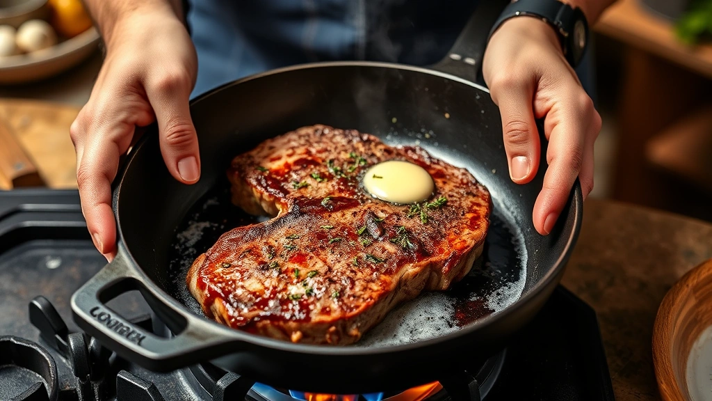 how to cook a filet mignon -
photorealistic hands searing filet mignon in cast iron skillet over high heat, 