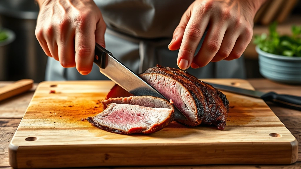 how to cook a london broil -
photorealistic hands slicing london broil against the grain with sharp knife on