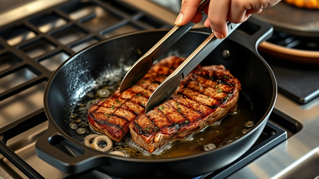 how to cook a new york strip steak -
photorealistic hands using stainless steel tongs to flip a sizzling New York st