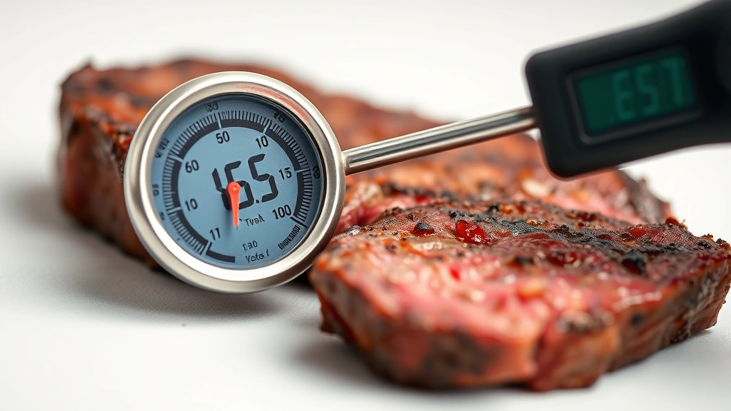 how to cook a new york strip steak -
photorealistic close-up macro shot of meat thermometer probe inserted into thic