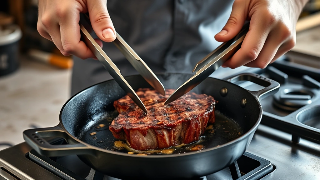 how to cook a ribeye in the oven -
Photorealistic hands using tongs to flip a sizzling ribeye steak in cast iron s
