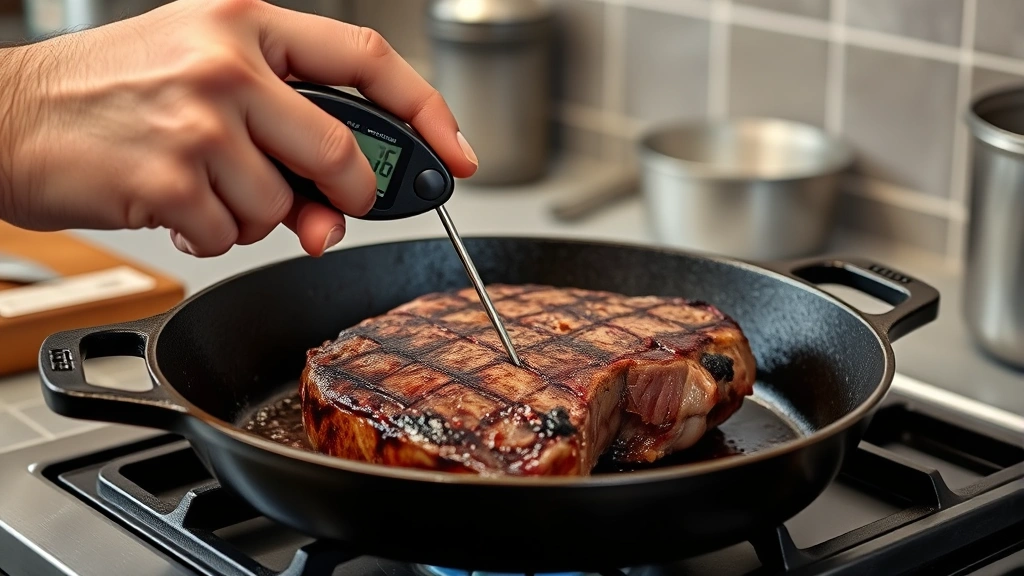 how to cook a ribeye in the oven -
photorealistic hands using meat thermometer to test internal temperature of sea