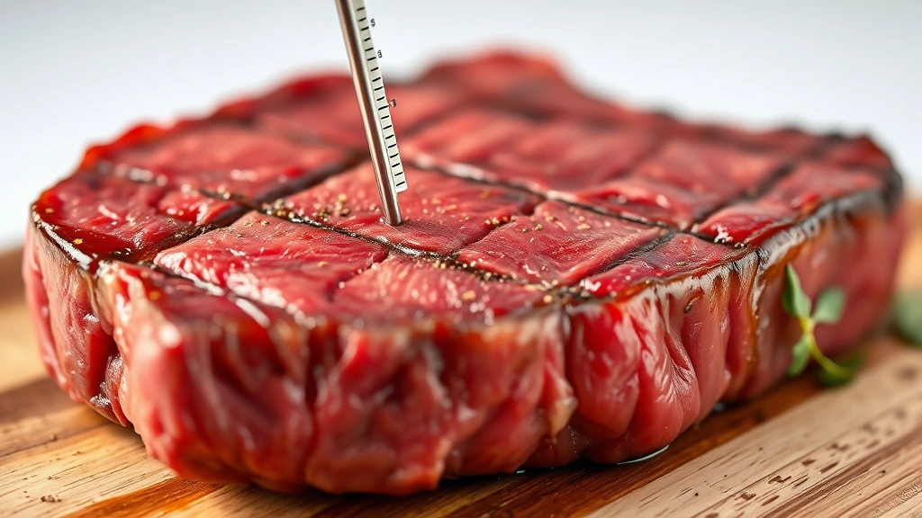 how to cook a ribeye in the oven -
Photorealistic close-up macro photography of meat thermometer inserted into thi