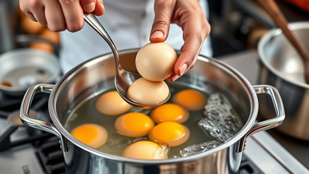 how to cook a soft boiled egg -
photorealistic hands gently lowering eggs into boiling water with slotted spoon