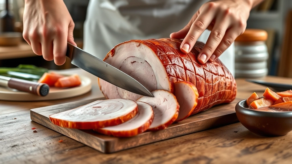 how to cook a spiral ham -
Photorealistic hands carving spiral ham with sharp carving knife at dining tabl