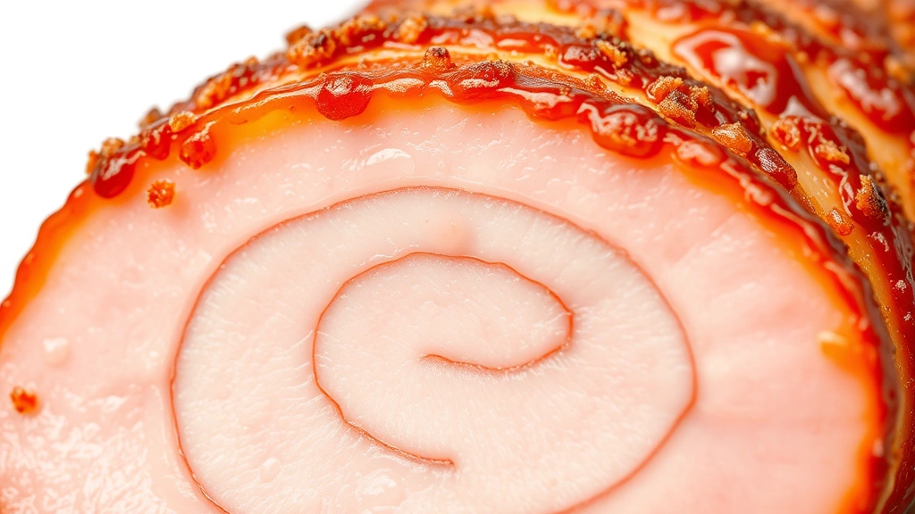 how to cook a spiral ham -
Photorealistic close-up macro photography of spiral ham surface showing caramel