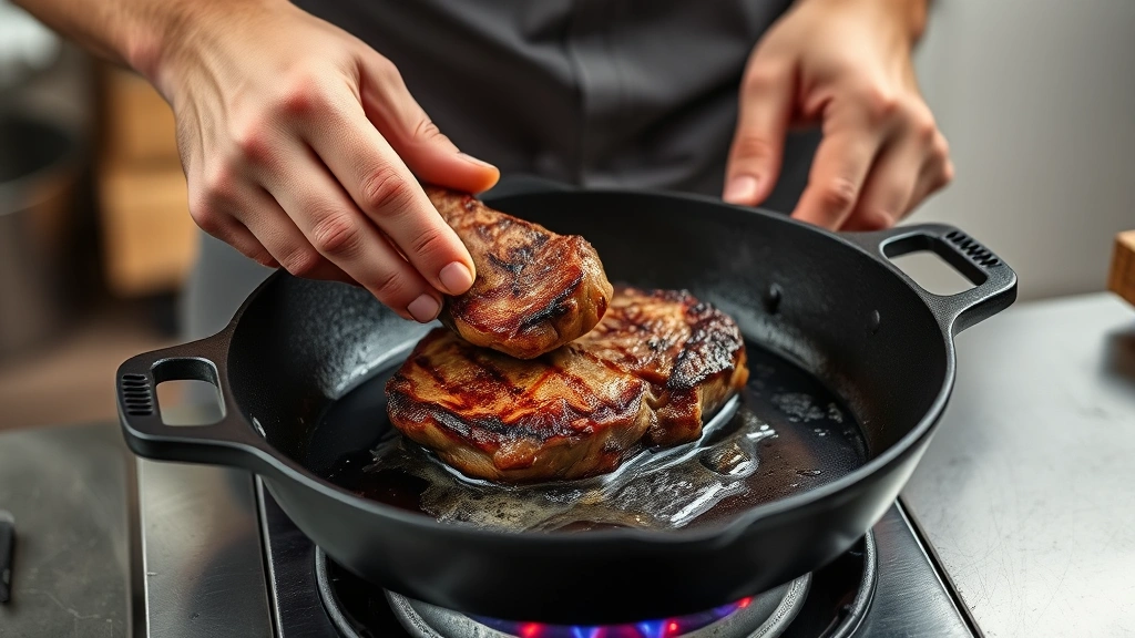 how to cook a steak in a cast iron skillet -
Photorealistic hands working showing someone placing a room-temperature steak i