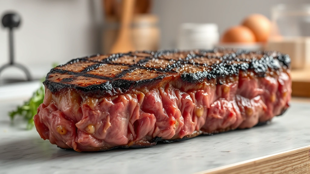 how to cook a steak in a cast iron skillet -
Photorealistic close-up macro photography of a steak’s seared crust showi