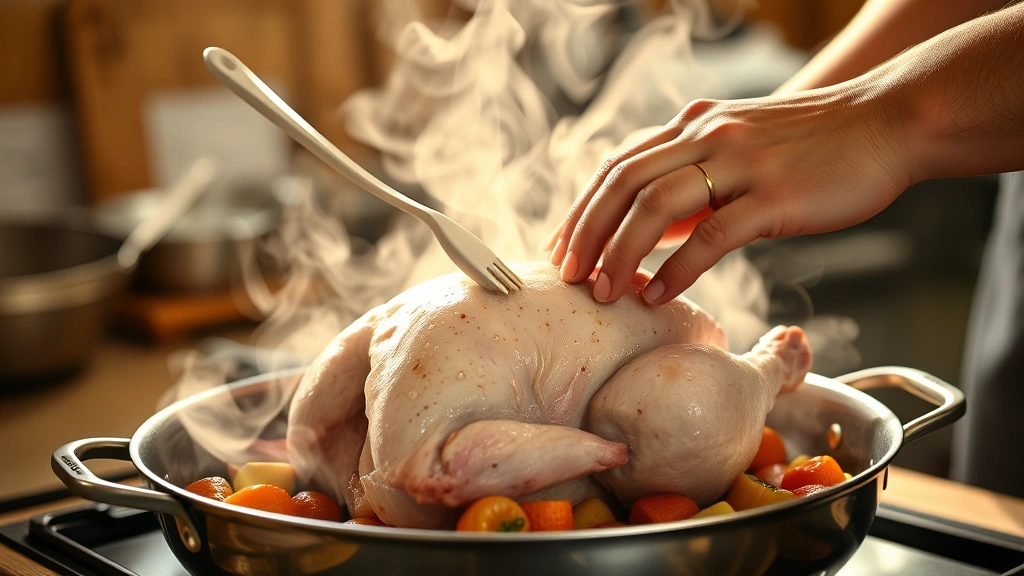 how to cook a turkey breast -
photorealistic hands basting turkey breast with baster over roasting pan, steam