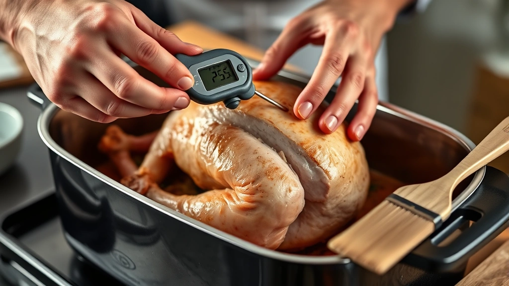 how to cook a turkey on a roaster -
photorealistic hands using instant-read meat thermometer inserted into turkey t