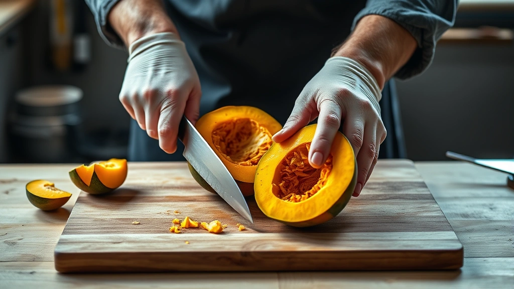 how to cook acorn squash in the oven -
Photorealistic hands working cutting fresh acorn squash in half with sharp chef