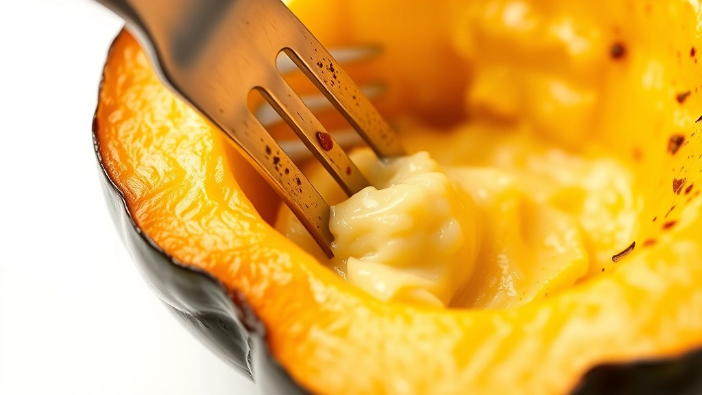 how to cook acorn squash in the oven -
Photorealistic close-up macro photography of roasted acorn squash flesh showing