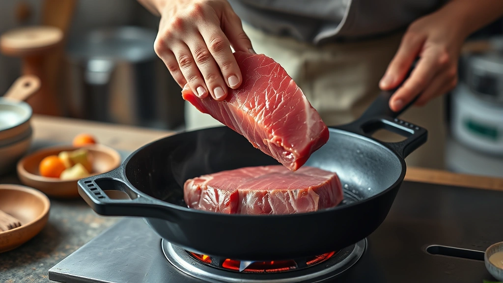 how to cook ahi tuna -
Photorealistic hands in a workshop kitchen placing raw ahi tuna steak into a sc