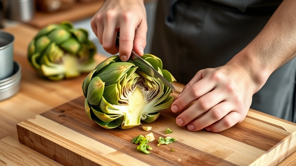 how to cook artichokes -
photorealistic hands trimming fresh artichoke with sharp knife on wooden cuttin
