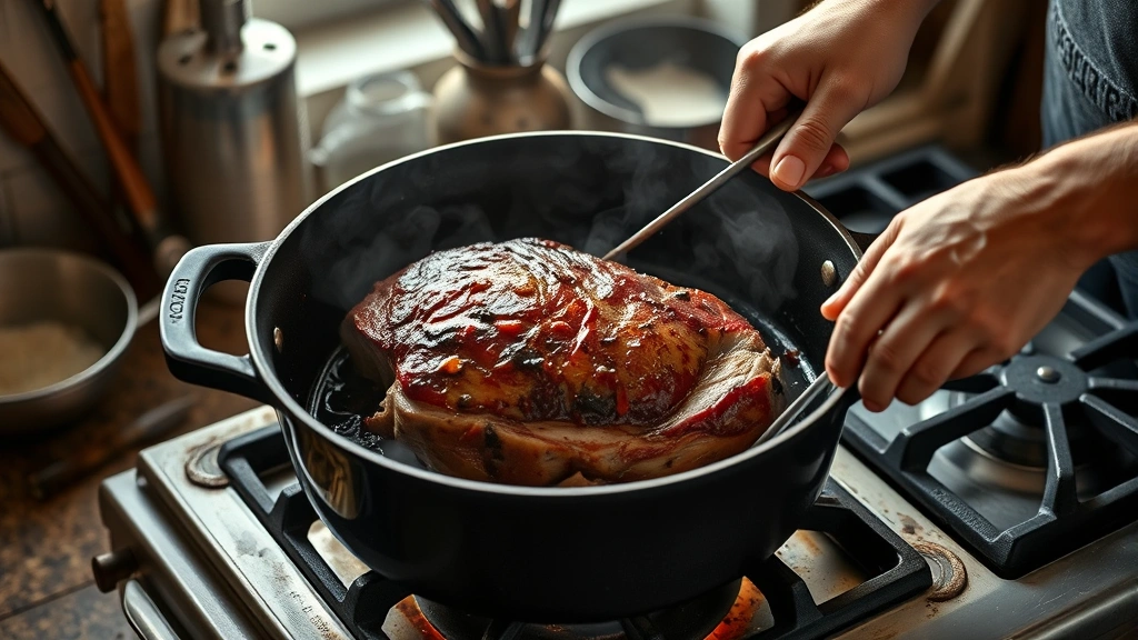 how to cook beef brisket in oven -
Photorealistic hands searing beef brisket in Dutch oven on stovetop, creating g
