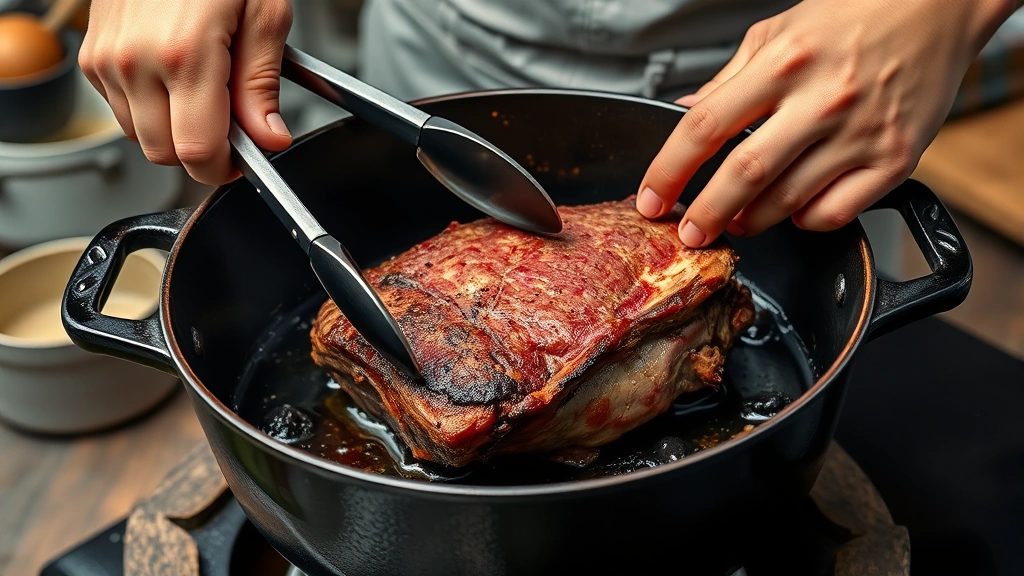 how to cook beef chuck roast -
photorealistic hands using metal tongs to sear large beef chuck roast in cast i