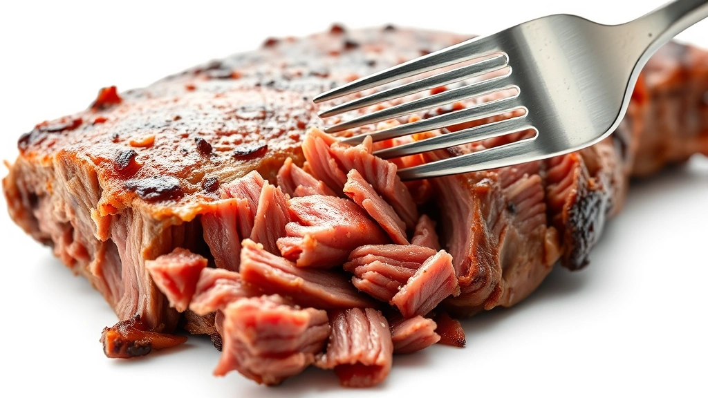 how to cook beef chuck roast -
photorealistic close-up macro photography of fork piercing tender cooked beef c
