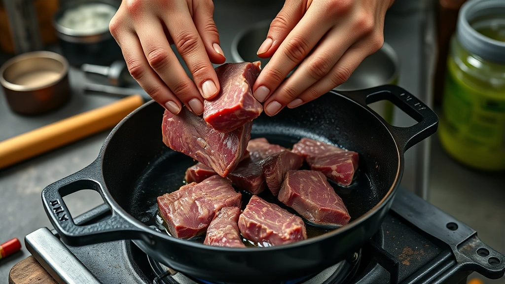 how to cook beef liver -
Photorealistic hands placing beef liver slices into a hot cast iron skillet wit