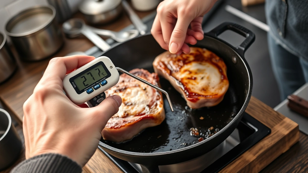 how to cook boneless pork chops -
photorealistic hands using meat thermometer to check internal temperature of se