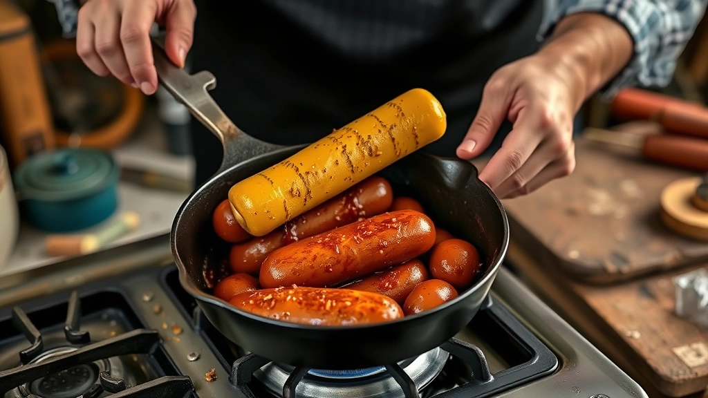 how to cook boudin -
photorealistic hands cooking boudin in cast iron skillet over stovetop, worksho