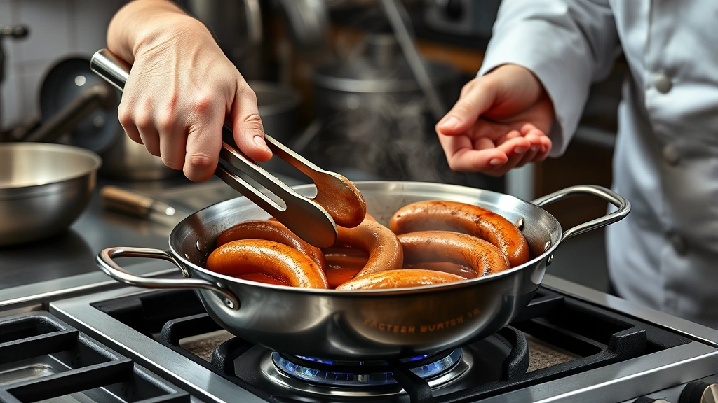 how to cook brats on the stove -
photorealistic hands working showing chef’s hands turning bratwurst with 