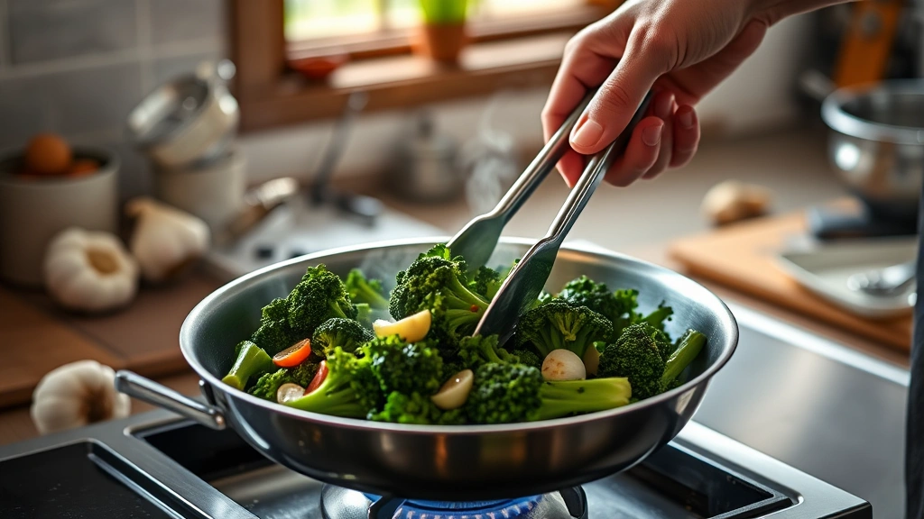 how to cook broccoli rabe -
Photorealistic hands using tongs to toss broccoli rabe in a stainless steel ski