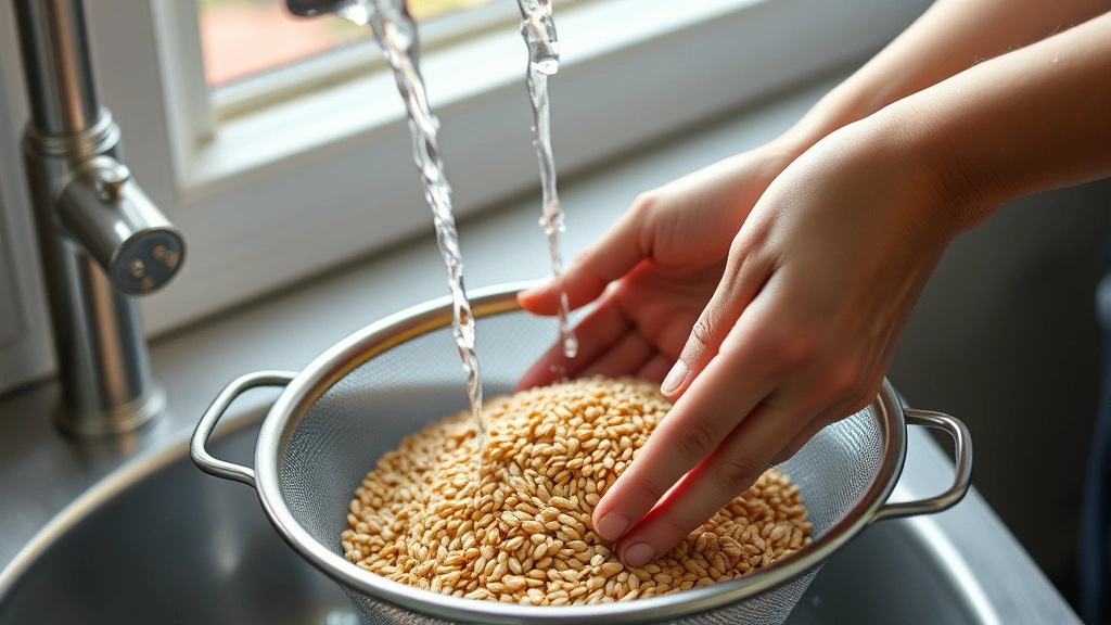 how to cook buckwheat -
photorealistic hands rinsing buckwheat groats in fine-mesh strainer under cool