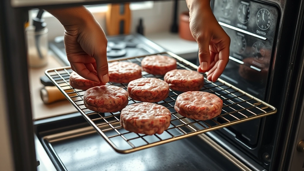 how to cook burgers in the oven -
photorealistic hands placing raw burger patties onto preheated wire rack in ove