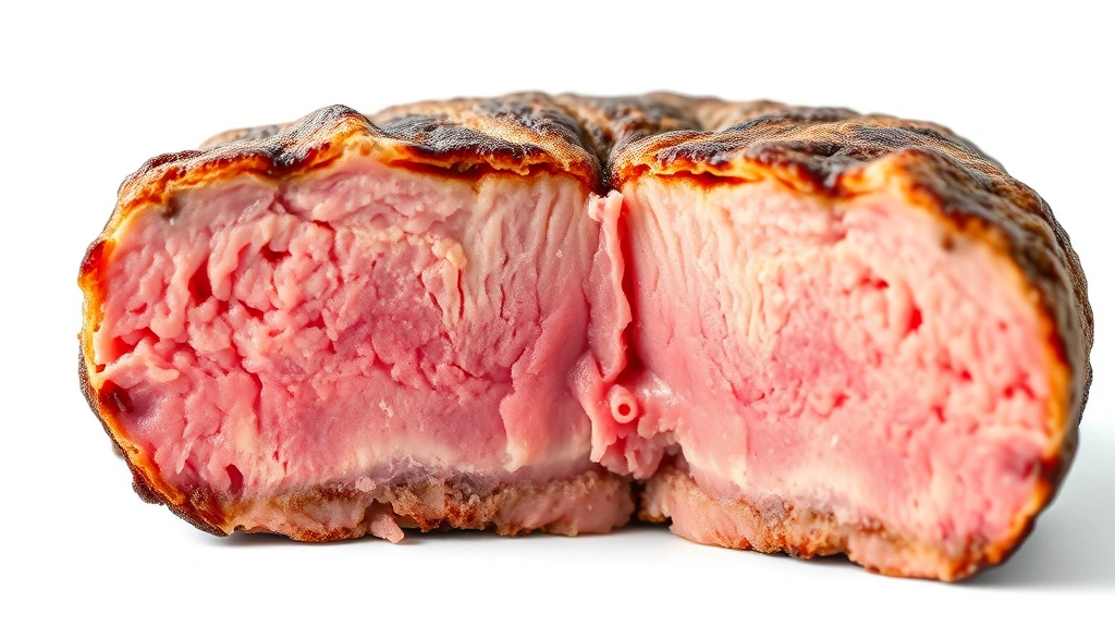 how to cook burgers in the oven -
photorealistic close-up macro shot of burger patty cross-section showing pink m