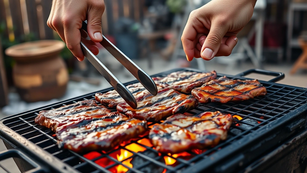 how to cook carne asada -
Photorealistic hands using tongs to flip carne asada on a hot charcoal grill wi