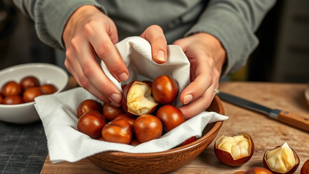 how to cook chestnuts -
photorealistic hands peeling warm roasted chestnuts with paper towel, workshop 