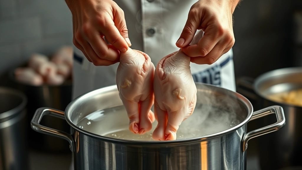 how to cook chicken feet -
Photorealistic hands holding cleaned chicken feet over a large stainless steel 
