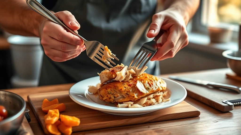 how to cook chicken for shredding -
photorealistic hands working, workshop setting, professional photography, no te