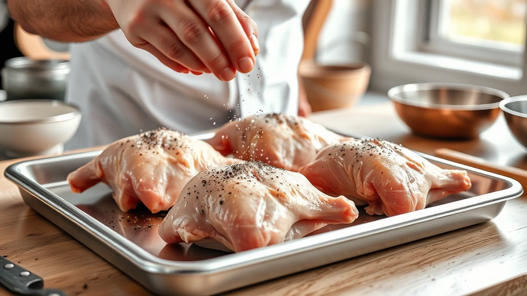 how to cook chicken legs in the oven -
photorealistic hands seasoning raw chicken legs on stainless steel baking sheet