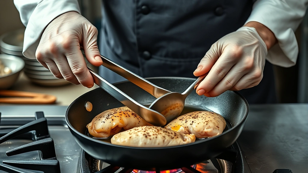 how to cook chicken tenderloins -
photorealistic hands working, chef’s hands using stainless steel tongs fl