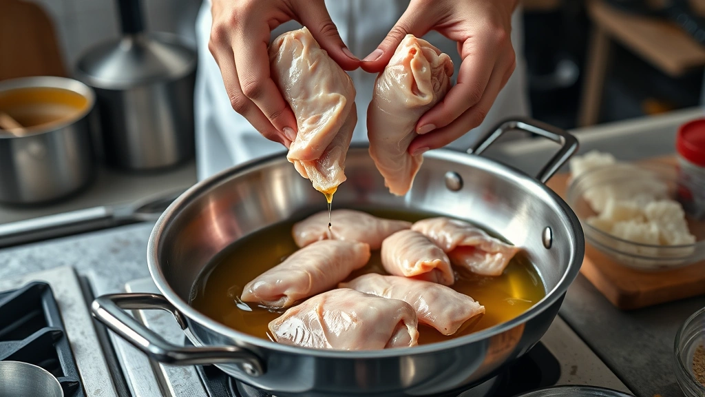 how to cook chicken tenders -
Photorealistic hands placing raw chicken tenders into hot oil in a stainless st