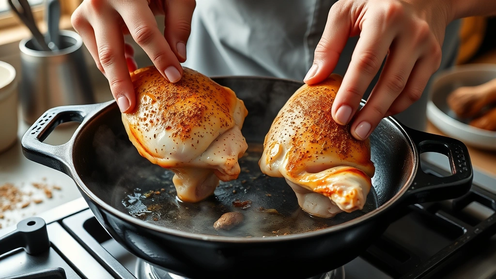 how to cook chicken thighs in a pan -
Hands carefully placing seasoned bone-in skin-on chicken thighs skin-side down 