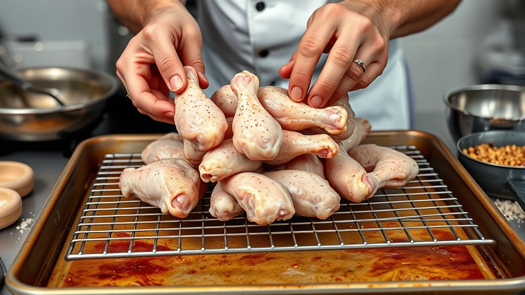 how to cook chicken wings in the oven -
photorealistic hands placing raw chicken wings on wire rack over baking sheet, 