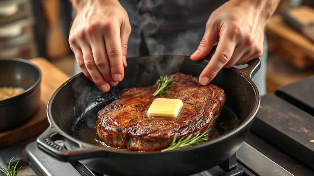 how to cook chuck steak -
Photorealistic hands searing chuck steak in cast iron skillet, golden brown cru