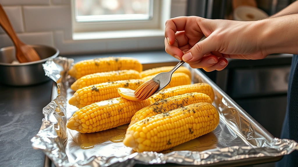 how to cook corn in the oven -
Photorealistic hands brushing melted butter and seasonings onto fresh corn ears