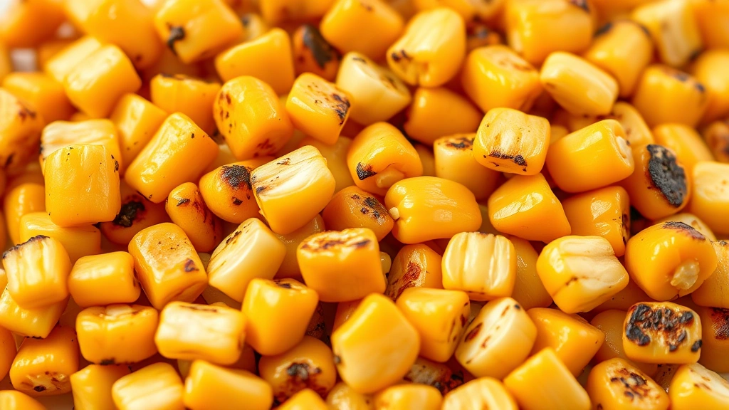 how to cook corn in the oven -
Photorealistic close-up macro photography of roasted corn kernels showing caram